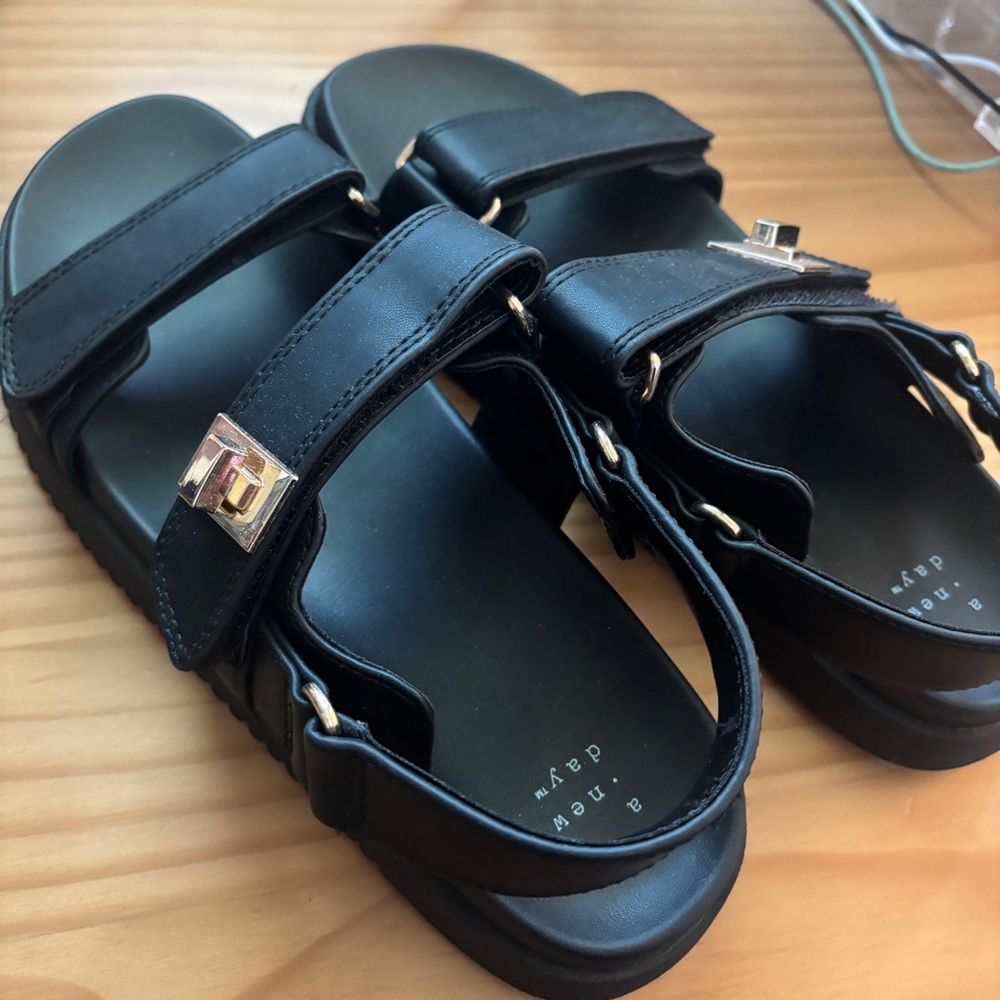 A New Day Black Slide Sandals with Gold Accents